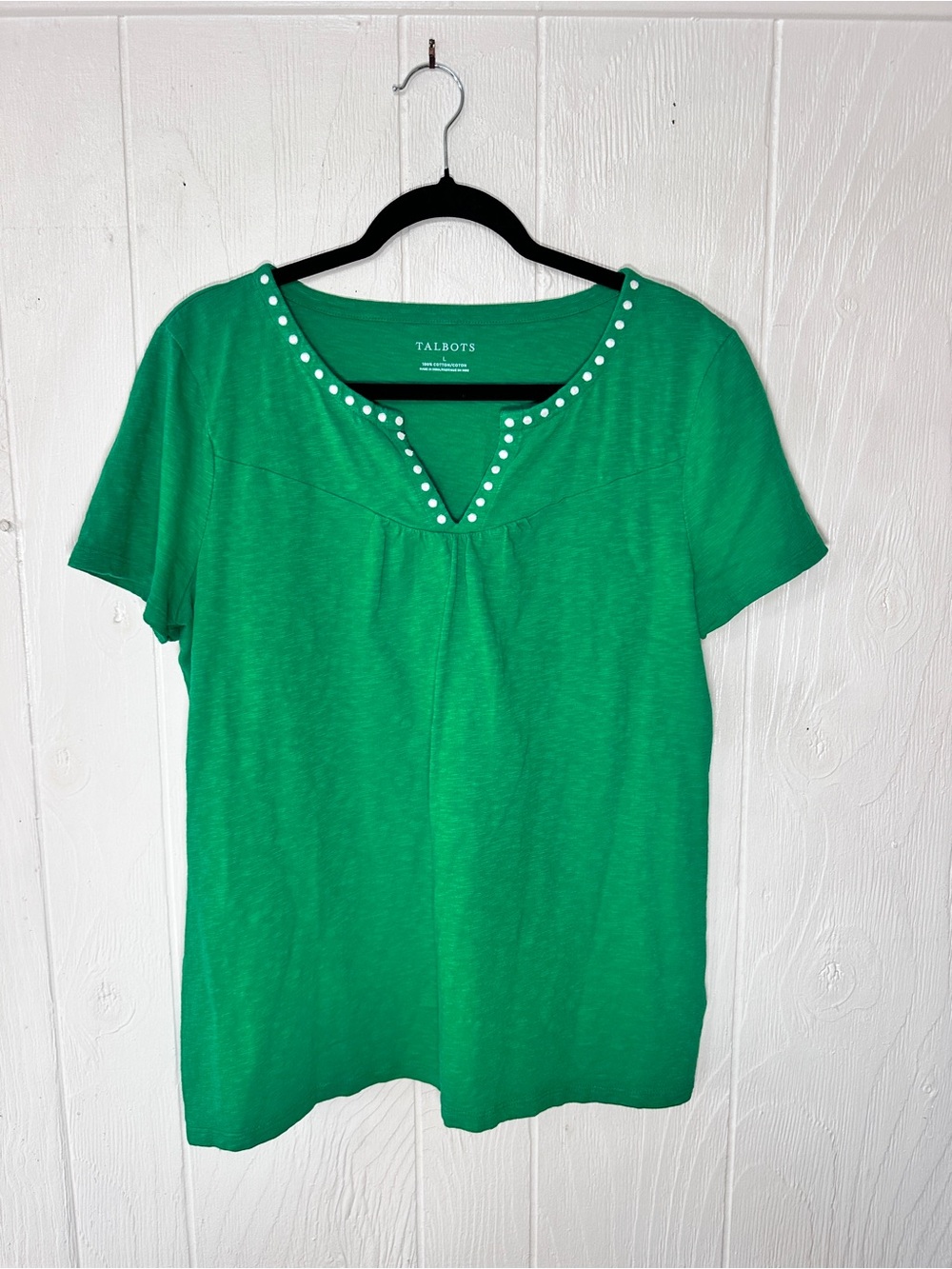 Talbots Green Short Sleeve Embellished V-Notch 100% Cotton Tee